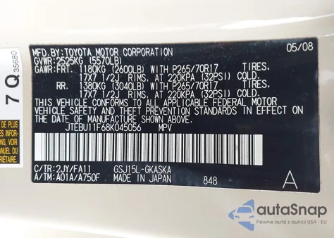 2008 Toyota Fj Cruiser из США, поврежденный, VIN JTEBU11F68K045056